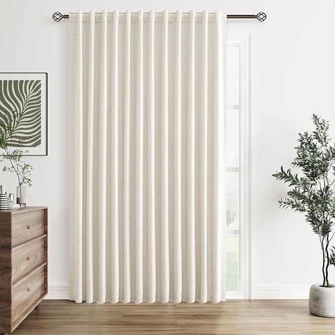 Guken Extra Wide 100% Blackout Linen Curtains for Bedroom 90 Inch Long Natural Cream Black Out Curtain Back Tab Room Darkening Window Drapes for Living Dining Room 1 Panel Beige Ivory 100x90