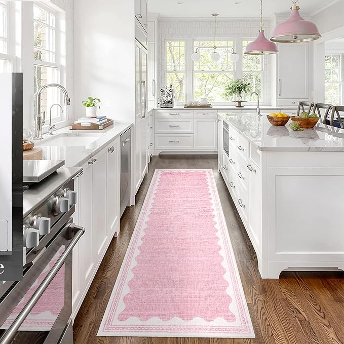 2.5x10 Scalloped Runners Pink Washable Hallways Bedroom Rug | Solid Non Slip Scalloped Bath Runner, Rugs for Bedroom Girls, Rugs for Kitchen Floor Soft Dorm Nursery Carpet for Bedside