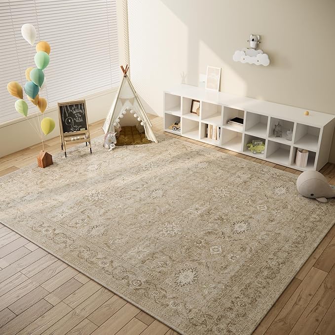 5x7 Area Rugs for Living Room: Washable Bedroom Rug with Non Slip Backing Low Pile Soft Faux Wool Distressed Vintage Boho Carpet Rugs for Entryway Dining Room Farmhouse Nursery Home Office Indoor