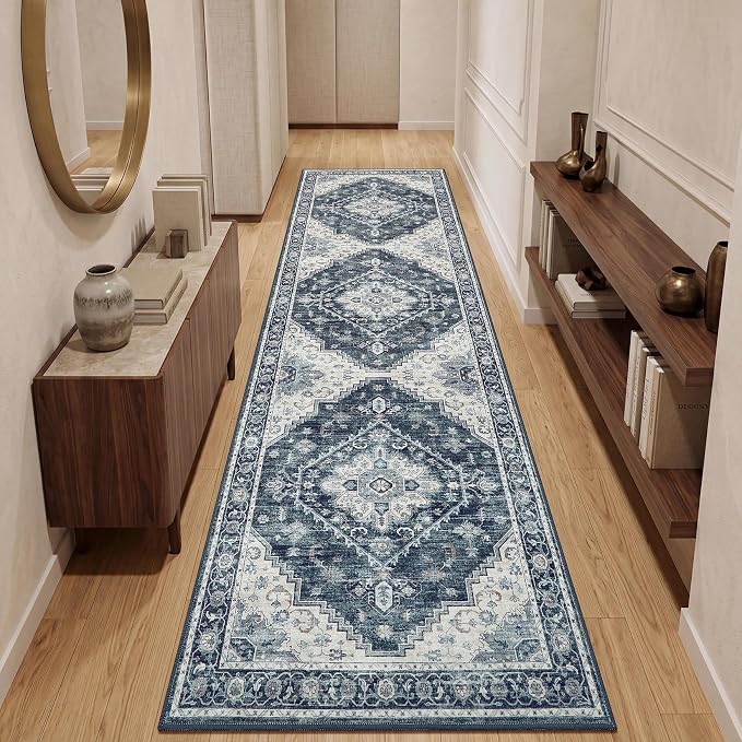 Garvee Navy Blue 2x6 Kitchen Runner Rug Washable Non Slip Boho Vintage Long Rug for Hallway Bathroom Entryway Laundry Room Mat TPE Backing