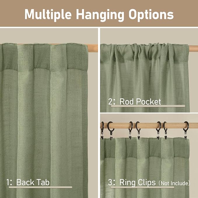 LAMIT Sage Green Semi Sheer Linen Curtains 60 Inch, Light Filtering Neutral Window Panels Farmhouse Boho Back Tab and Rod Pocket Drapes for Bedroom, 2 Panels, 52 x 60 Inch
