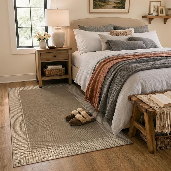 Moynesa Easy Jute Outdoor Rug 4x6, Brown Striped Border Washable Indoor Outdoor Patio Area Rugs, Farmhouse Neutral Non Slip Carpet for Living Room Bedroom Backyard