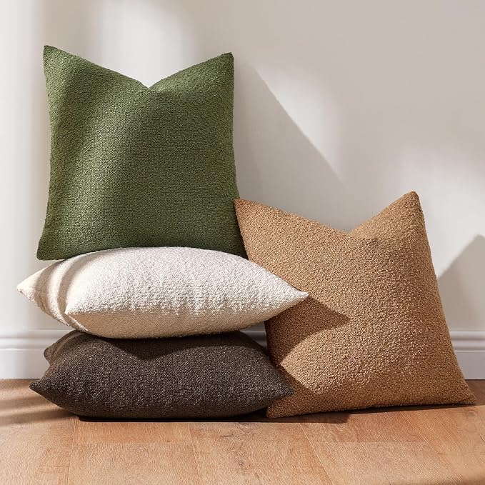 MIULEE Decorative Boucle Throw Pillow Covers 18x18 Green Brown Set of 4 | Textured Accent Pillow Cases Soft Couch Cushion Covers for Modern Farmhouse Boho Sofa Bed Livingroom Home Decor