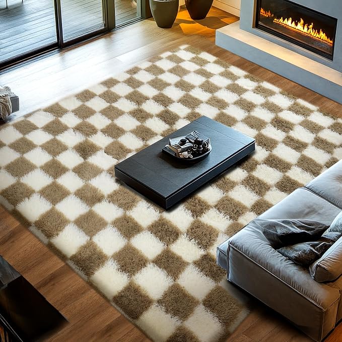 8x10 Fluffy Living Room Rug: Beige and White Checkered Rugs for Living Room- 8x10 Large Fluffy Rug for Bedroom- Soft Plush Shag Carpets for Boys Girls Teen Room, Home Decor (Beige/White)