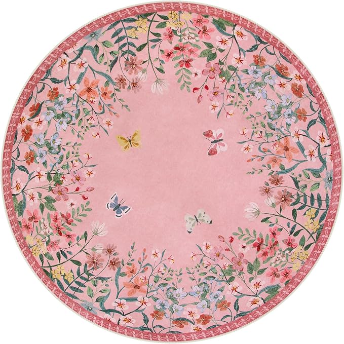 Wonnitar 5ft Round Washable Area Rug, Pink Floral Nursery Rug, Low Pile Soft Circle Rug for Kids Playroom, Boho Flower Accent Carpet, Girls Room Vanity Decor (5ft Round Pink)