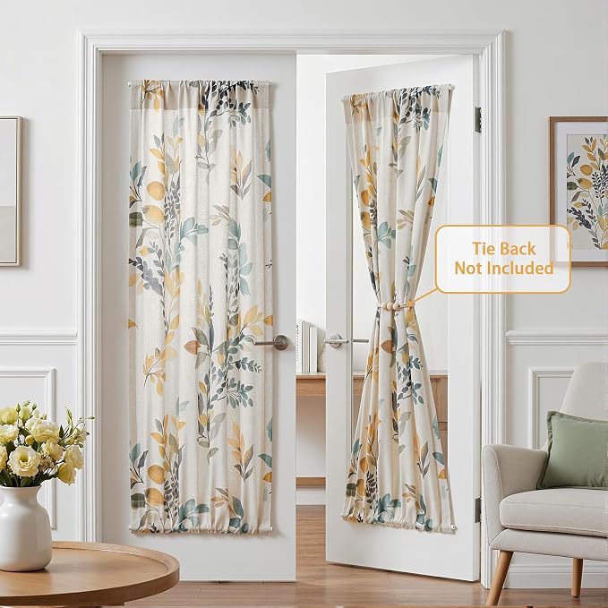 MYSKY HOME Floral Linen French Door Curtains 72 inch Long 2 Panels for Front Door Light Filtering Privacy Semi Sheer Window Curtains with Rod Pocket, Yellow and Blue, 24" W Each Panel