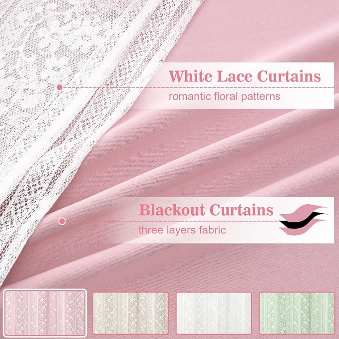 ASPMIZ Pink Blackout Curtains for Bedroom 84 inch Long, Double Layer Pink Curtains for Girls Room Light Blocking Grommet Drapes with Lace Overlay, Thermal Insulated Window Curtain Set of 2, 52x84