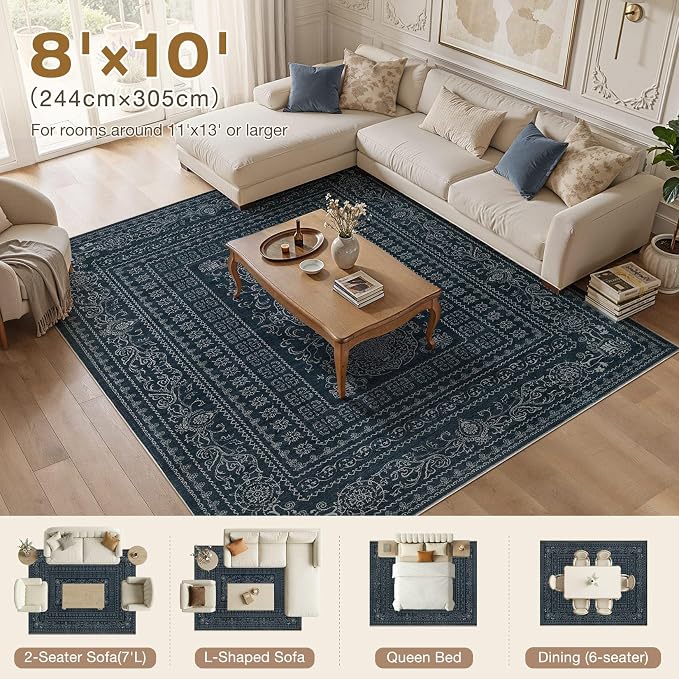 Nakagishi 8x10 Area Rugs Living Room: Washable Large Vintage Rug Neutral Non-Slip Soft Stain Resistant Indoor Carpet for Bedroom Nursery Dining Room Office Playroom - Navy