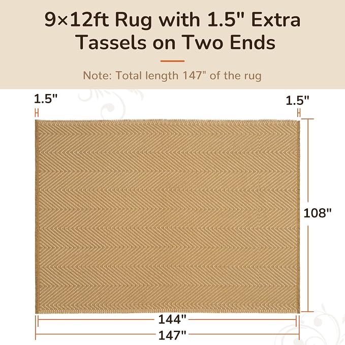 9x12 Washable Boho Area Rug with Tassels for Living Room Red Beige | Vacuum Friendly, Machine Washable, Non-Slip Rug, Modern Farmhouse Neutral Decor Carpet, Bedroom Dining Room Office Kitchen