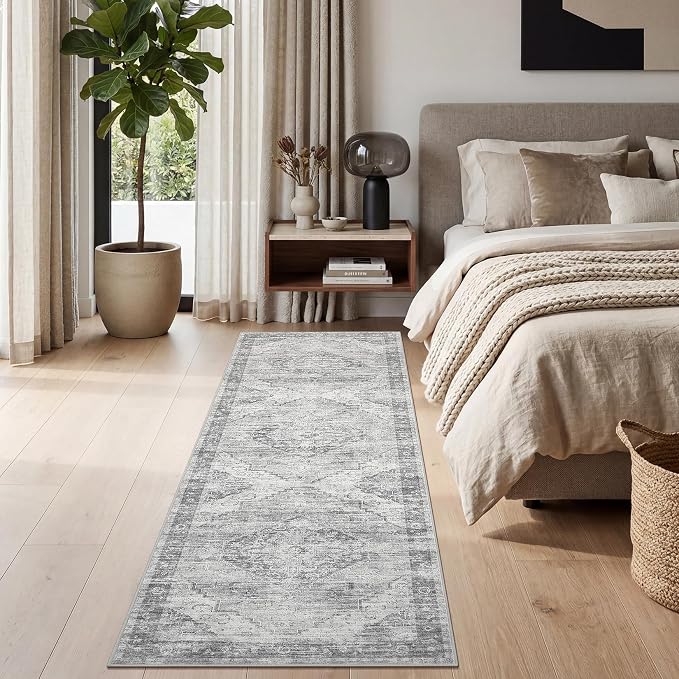 Garvee Grey 2x6 Kitchen Runner Rug Washable Non Slip Boho Vintage Long Rug for Hallway Bathroom Entryway Laundry Room Mat TPE Backing