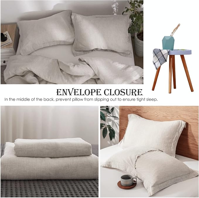 Simple&Opulence 100% Linen Duvet Cover Set 3pcs Basic Style Natural French Washed Flax Solid Color Soft Breathable Farmhouse Bedding with Button Closure - Linen, Queen