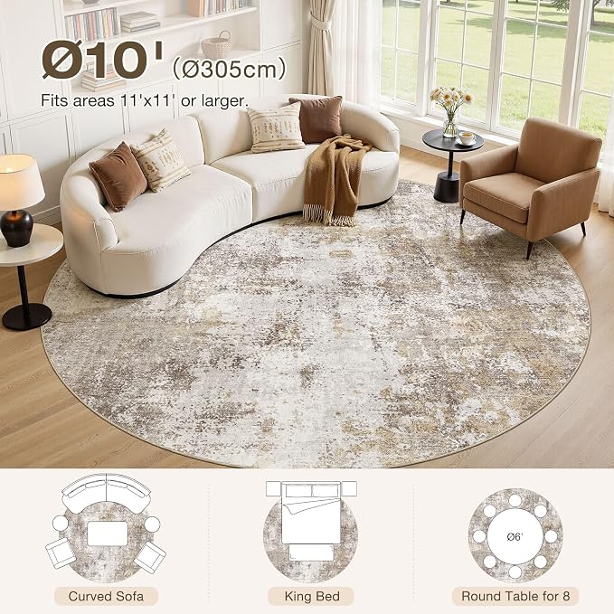 10ft Round Area Rugs for Living Room, 10x10 Washable Non Slip Soft Large Rugs for Bedroom Dining Room, Modern Abstract Low Pile Stain Resistant Carpet for Laundry Office Home Decor-Gold Brown