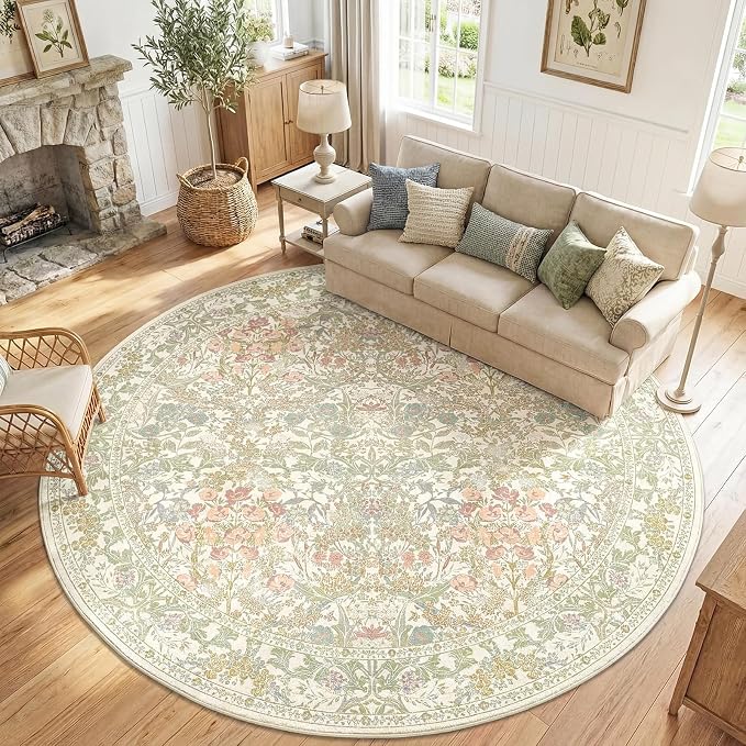 Lunasun Sage Green Large Round Rug for Living Room - 8ft Circle Area Rug for Bedroom, Kids Room, Home Office, Foyer, Non Slip Washable Botanical Floral 8 x 8 Décor