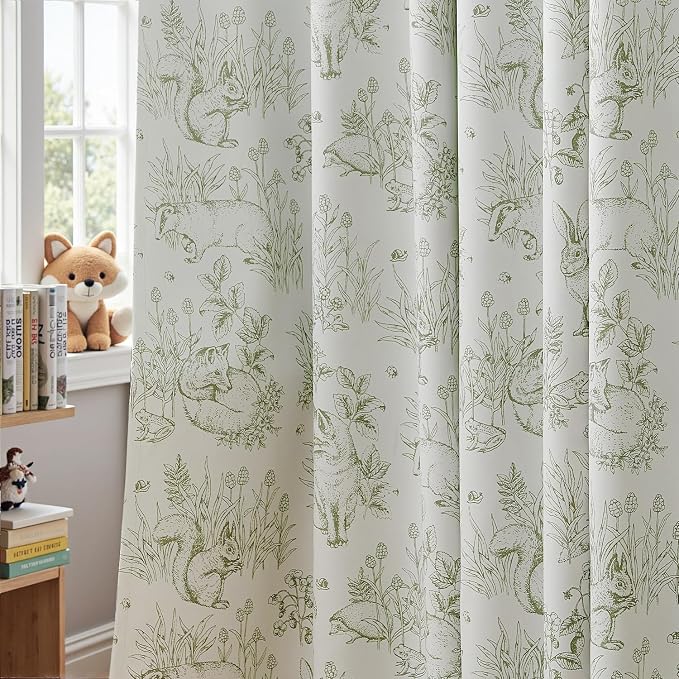 jinchan Green Floral Blackout Curtains Farmhouse 90 Inch Grommet 2 Panels | Room darkening,nursery kids bedroom,privacy,whimsical,cottagecore,bunny pattern,botanical,nature-inspired decor