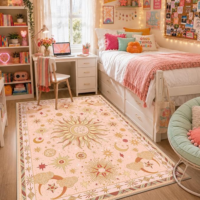 Vacuum-Friendly, 5x7 Washable Area Rug, Pink Gold Beige Red | Sun and Moon Boho Gothic Non-Slip Low Pile Living Roon Bedroom Dining Room Kitchen Entry Entryway Entrance Hallway Doormat