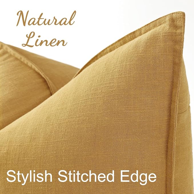 decorUhome Fall Mustard Yellow Linen Throw Pillow Covers 18x18 Set of 2 | Decorative Soft Cozy Modern Farmhouse Boho Accent Pillow Cases with Flange Edges for Couch Bed Sofa Living Room Home Decor