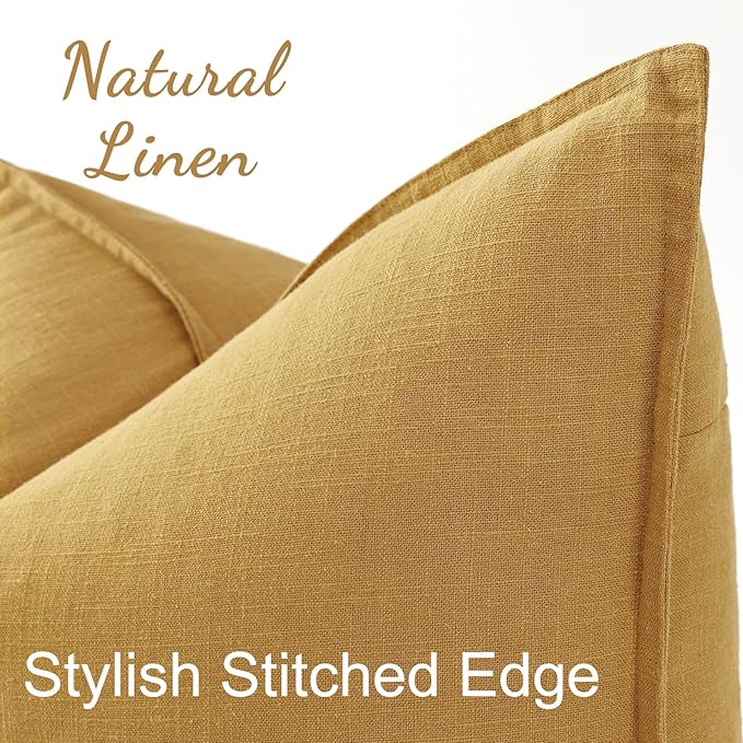 decorUhome Fall Mustard Yellow Linen Throw Pillow Covers 22x22 Set of 2 | Decorative Soft Cozy Modern Farmhouse Boho Accent Pillow Cases with Flange Edges for Couch Bed Sofa Living Room Home Decor