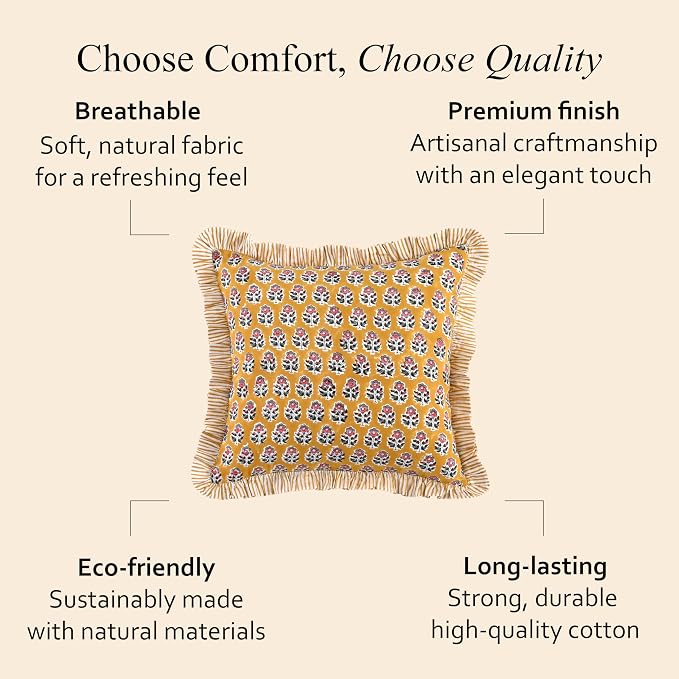CPC Yellow Citrine Ruffle Throw Pillow Covers for Couch, 18x18 Inch Cotton Stripe Ruffle Couch Pillows for Living Room, Hidden 14 Inch Zipper Boho Pillow Case or Cute Outdoor Ruffle Pillows