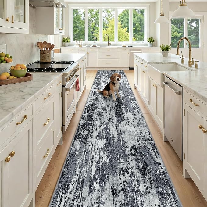 RELEANY Washable Area Rugs 2'6"x14 Non-Slip Modern Abstract Soft for Living Room Entryway Bedroom Kitchen, Print Pattern, Black Navy Blue Gray