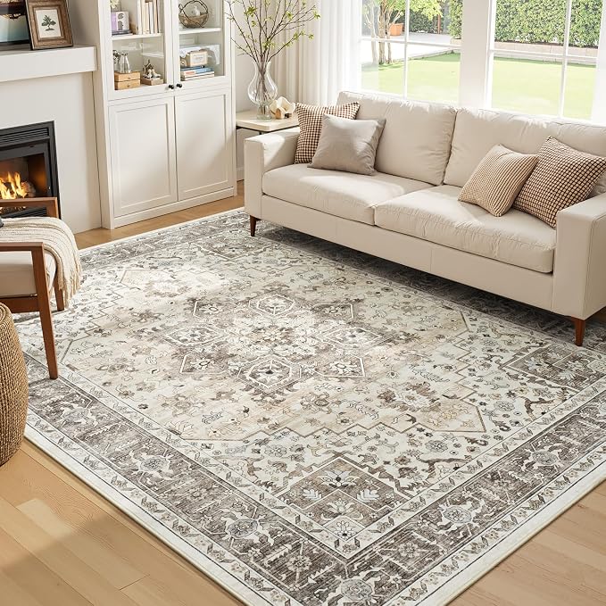 5x7 Neutral Camel Farmhouse Bedroom Rug - Vintage Traditional Oriental Brown Area Rugs for Living Room, Nursery Room, Washable Boho Distressed Floral Non-Slip Rug Low Pile Stain Resistant