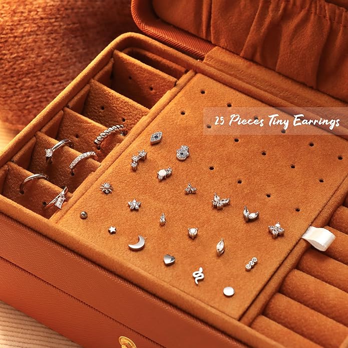 KRFY 25Pcs/17 Pairs Hypoallergenic Surgical Steel Earrings for Sensitive Ears 14K Gold Plated Flat Back Cartilage Earrings for Women Men Screw Back Flatback Stud Hoop Earring Set for Multiple Piercing