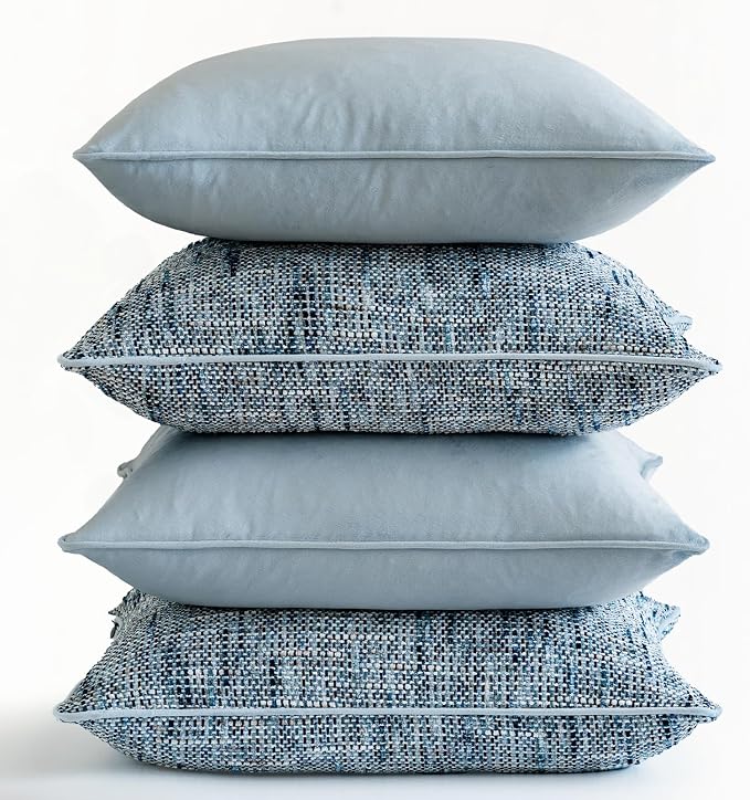 a moment Light Blue 4 Pack Throw Pillow Covers - Chenille & Velvet Set with Piping, Farmhouse Textured Design Pillow Cases for Couch Sofa Bed Livingroom (22x22 Inch, No Insert)