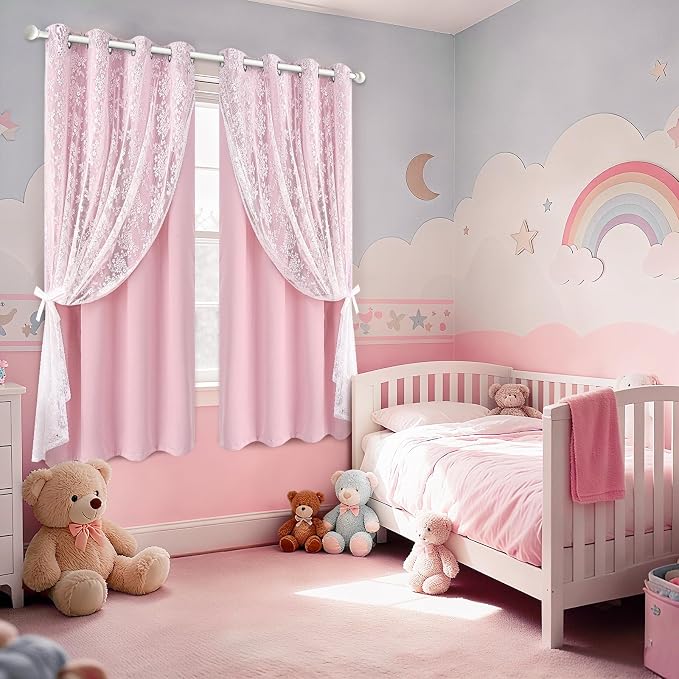 Yinhua Pink Blackout Curtains for Bedroom Double Layer Nursery Curtains for Living Room 63 Inch Length 2 Panels Set Kid Curtain with Floral Sheer Overlay, Grommet Drapes with Tiebacks, 52" W x 63" L