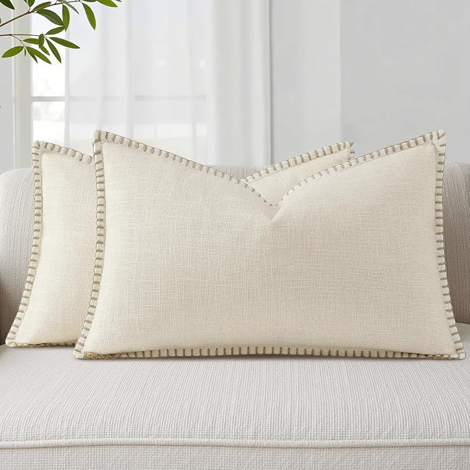 decorUhome Cream Faux Linen Outdoor Throw Pillow Covers 12x20 Set of 2 | Fall Decorative Textured Neutral Modern Farmhouse Pillow Covers with Stitched Edge for Couch Sofa Bed Living Room