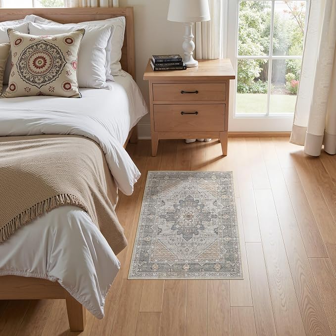 Tortania Area Rug 2x3 Doormat - Washable Vintage Oriental Farmhouse Soft Thin Indoor Carpet for Living Room Bedroom Hallway Entryway Kitchen - Brown Gray
