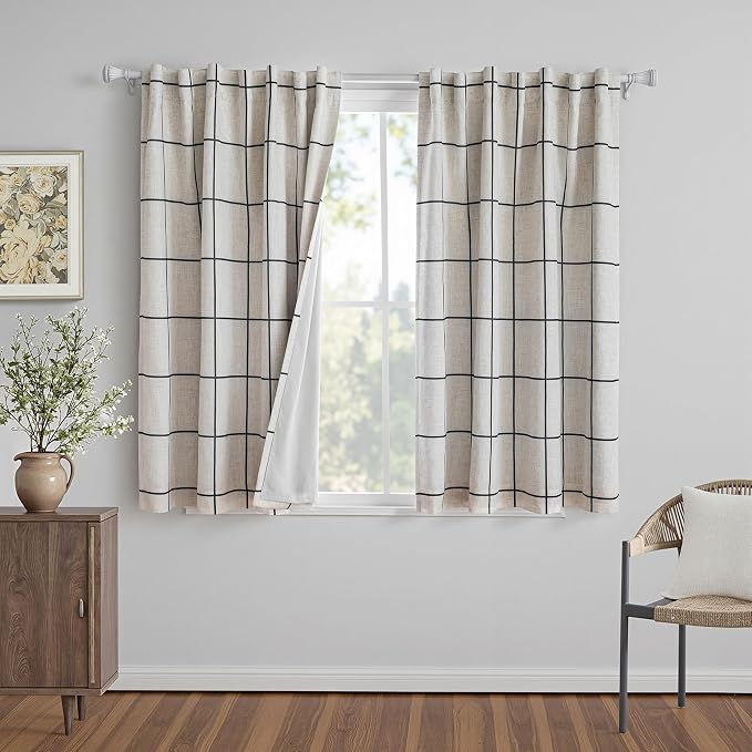 MYSKY HOME 100% Blackout Plaid Farmhouse Linen Curtains 54 Inch Long 2 Panels Set Double Layer Windowpane Drapes Thermal Insulated Privacy Protection Rod Pocket Back Tab, 52" W, Black
