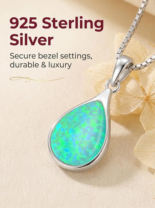 Teardrop Opal Necklace for Women - 925 Sterling Silver October Birthstone Pendant Necklace, Dainty Pear Shape Gemstone Jewelry Gif for Her, Adjustable Box Chain