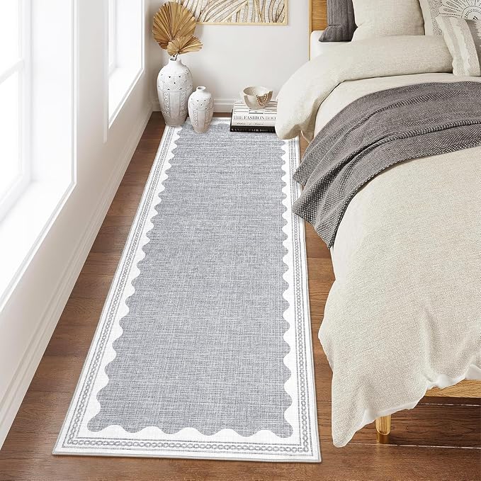 2.5x8 Scalloped Runners Grey Washable Hallways Bedroom Rug | Solid Non Slip Scalloped Bath Runner, Rugs for Bedroom Girls, Rugs for Kitchen Floor Soft Dorm Nursery Carpet for Bedside