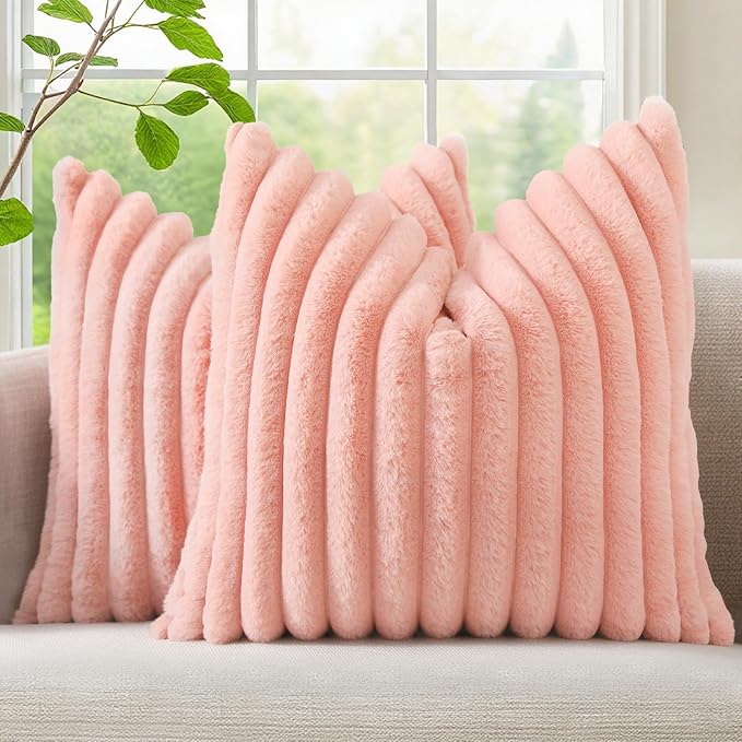 decorUhome Fall Faux Fur Throw Pillow Covers 22x22 Set of 2 Blush Pink | Decorative Soft Cozy Striped Plush Modern Farmhouse Boho Couch Pillow Cases Velvet Back for Sofa Bed Living Room Home Decor