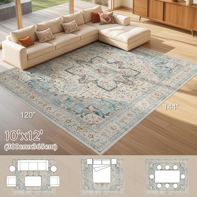 Tortania Area Rug Living Room Rugs - 10x12 Washable Boho Rug Vintage Oriental Distressed Farmhouse Large Thin Indoor Carpet for Living Room Bedroom Under Dining Table Home Office - Aqua Multi