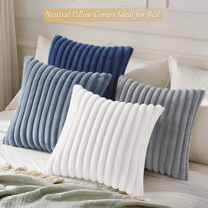 decorUhome Fall Faux Fur Throw Pillow Covers 20x20 Set of 4 Blue/Grey | Decorative Modern Farmhouse Soft Cozy Striped Pillow Cases Velvet Back for Sofa Bed Living Room Classic Accent Home Decor