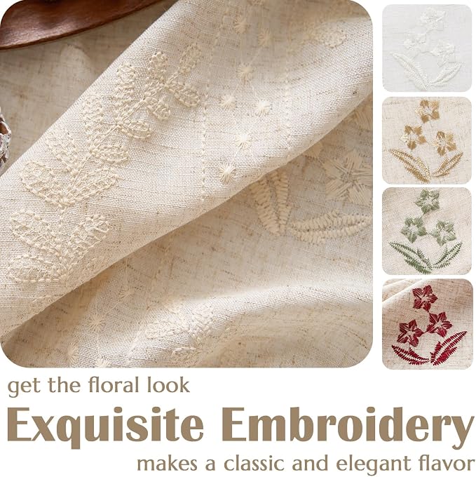jinchan Floral Linen Curtains 84 Inch Farmhouse Back Tab 2 Panels Ivory | Embroidered curtains,boho curtains,living room,bedroom,light filtering,privacy,flower patterned drapes,window treatment