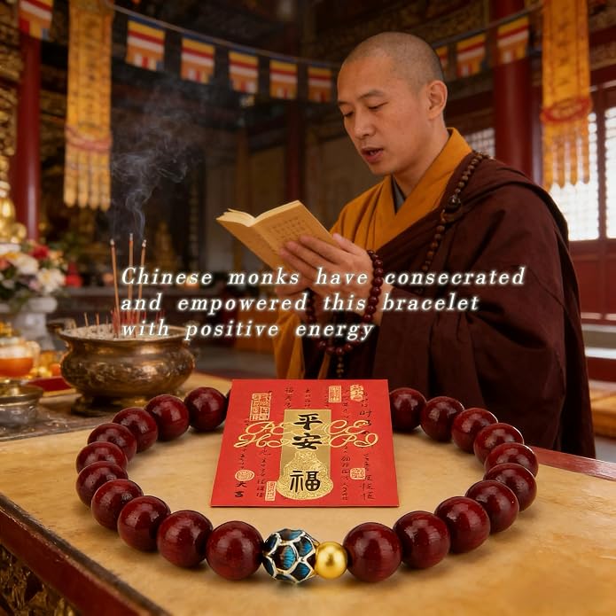 LINGYUAN Feng Shui Wealth and Luck Bracelet with Gold Foil Five Gods Amulet-Red Agate Cinnabar Gemstone Bracelet for Prosperity, Protection & Success, Lucky Charm Gift for Men & Women