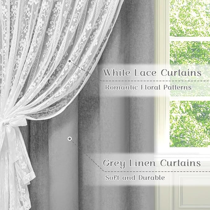 ASPMIZ Linen Curtains for Bedroom, Double Layered Curtain for Living Room Farmhouse Curtain 63 Inch Length 2 Panels Set, Rustic Curtains & Drapes Rod Pocket with Tiebacks, 52 x 63 Inch, Grey