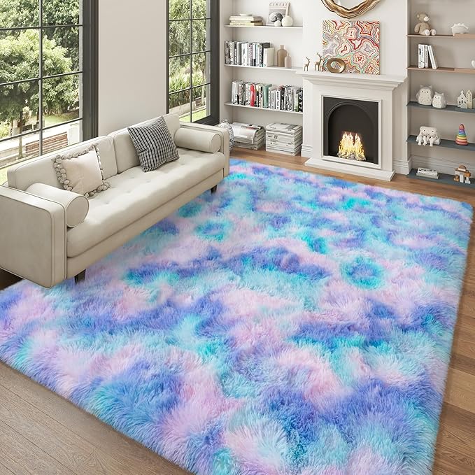 Dssimo Cute Furry Purple Rainbow Rugs for Bedroom Girls Room Decor | Upgrade Non-Slip 5x7 Area Rugs for Kid Room, Playroom Nursery Dorm Home Decor, Plush Mermaid Kawaii Rug Fluffy Carpet