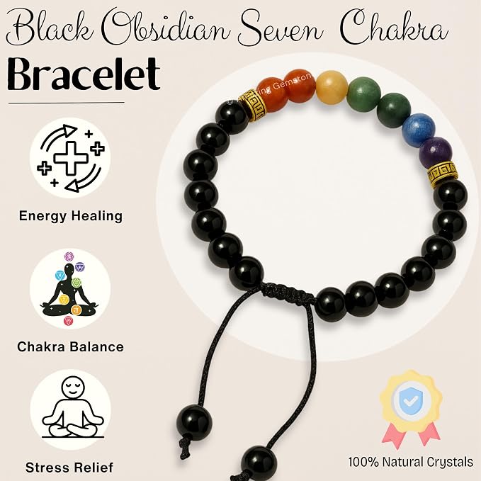 Amazing Gemstone Chakra Black Obsidian Bracelet, Gifts for Men & Women - Protection Healing Crystal Bracelet - 8mm Gemstone Beaded Adjustable Bracelet, Pulseras para Hombres Mujer Stocking Stuffers