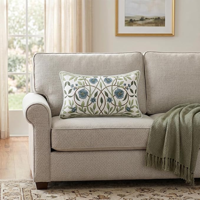 ISAENNE Designer Vintage Linen Throw Pillow Cover,20"x12"-Mosella A | French Elegant Rectangle Decor Pillow Cover,Concealed Zipper Design,Floral Pattern,Sofa,Bedroom,Living Room,Lounge Chairs