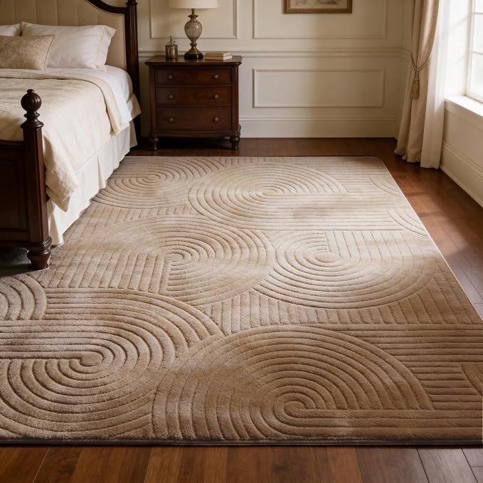 5x7 Brown Area Rug - Washable Fluffy High-Low Pile Rugs for Living Room Bedroom, Modern Geometric Pattern, Non-Slip Textured Indoor Rugs for Nursery, Kids Room, Home Office
