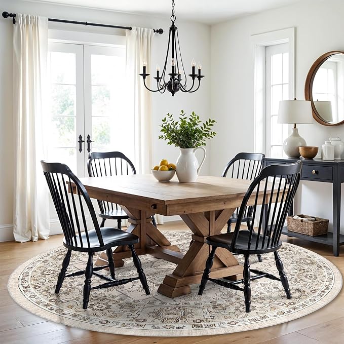RUUGME Vintage 6round Rug Washable - Large Boho Rugs for Living Room Stain Resistant Carpet Vintage Tribal Rugs for Bedroom Kitchen Bathroom with Non Slip Backing Floor Decoration Mat 6ft Ivory