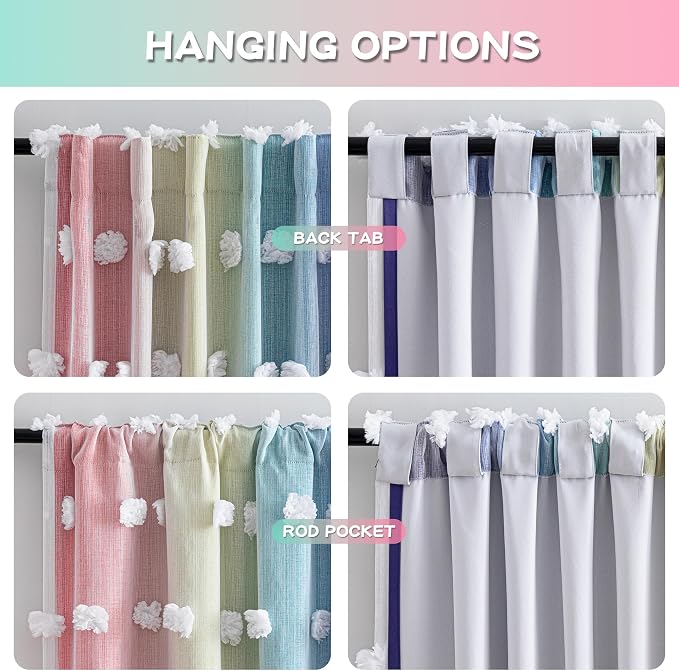 MYSKY HOME Pom Pom Sheer and Blackout Curtains Double Layer 63 Inches Long Kids Curtain for Girls Bedroom Son Room Ombre Room Darkening Window Drapes Back Tab Rainbow 52 x 63 in 2 Panels