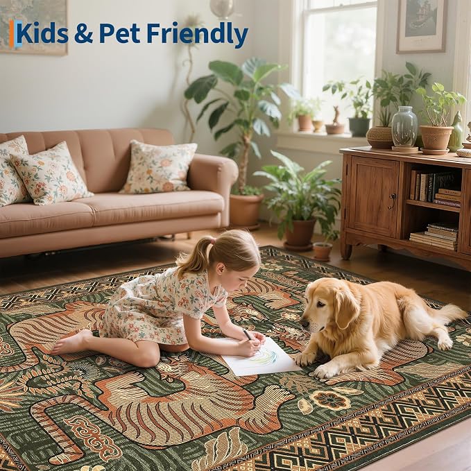 GarveeHome Boho Tiger Entryway Rug, 2x3 Vintage Tribal Washable Front Door Rug Indoor Entrance Green Animal Carpet Non-Slip Throw Rugs for Kitchen Floor, Powder Room, Entry, Bathroom, Kids Room