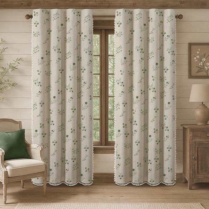 Boho Floral Spring 100% Blackout Curtains 84 Inch Length 2 Panels Set, Linen Texture Farmhouse Curtains with Beige Tassel for Living Room Bedroom, Vintage Rustic Rod Pocket,Dark Green