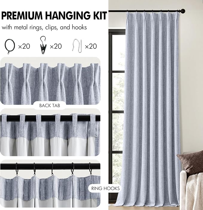 MIULEE Chambray Blue Pinch Pleated 100% Blackout Linen Curtains 108 Inch Long 2 Panels Set, Black Out Memory Trained Pleat Curtains Light Blocking Room Darkening Drapes for Bedroom Living Room Window