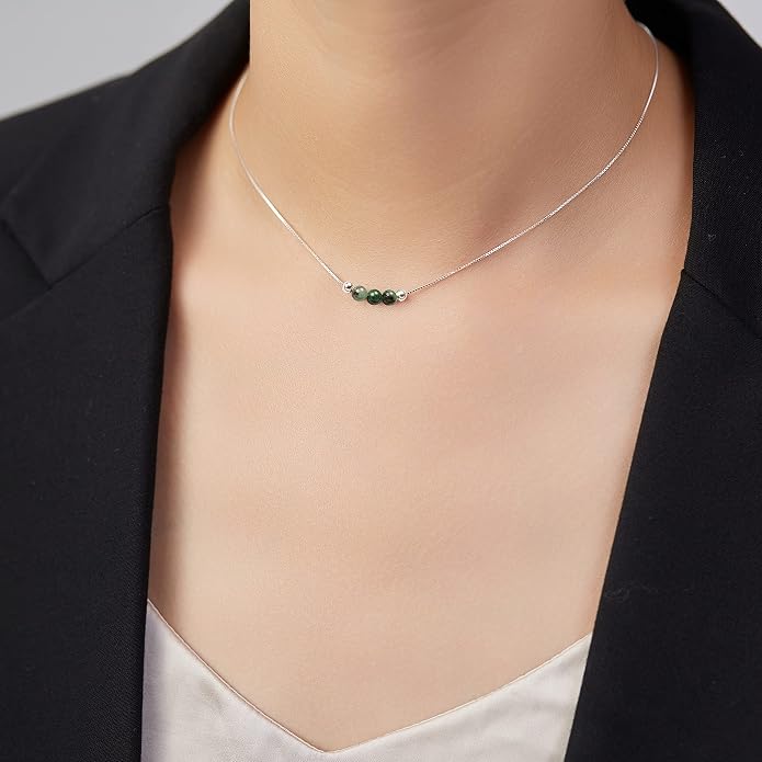 Dainty Crystal 925 Sterling Silver Choker Collar Necklace Handmade With 3 Beads Birthstone Jewelry Gifts for Women Young Lady Mother Friends Keenove
