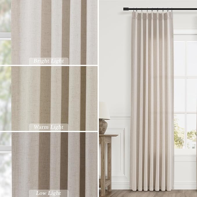 Aersas Birch Beige Pinch Pleated 90 Inch Linen Curtains 2 Panels Set for Living Room Pinch Pleat Drapes Back Tab Light Filtering Semi Sheer Curtain 90 Inches Long for Dining Bedroom Office W40xL90