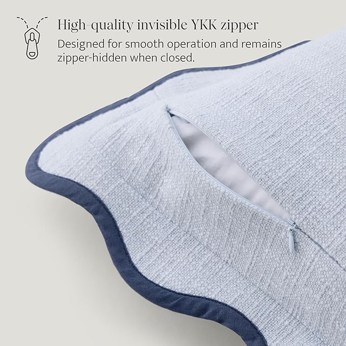 Double Stitch Scalloped Throw Pillow Covers - 100% Cotton Set of 2 Decorative Boho Pillow Covers 20 x 20, Made in India, Square Cushion Case, Modern Home Decor for Couch Sofa Living Room, Arctic Blue